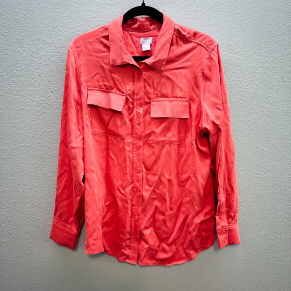Chico's Rust Red Orange Sand Wash Satin Button Front Pocket Shirt - Size 2 or L - Picture 1 of 8